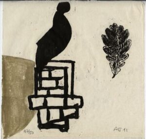  A two-tone woodcut on paper by Agnete Erichsen titled "Untitled" featuring abstract black shapes on an off-white background—one geometric and chair-like, the other resembling a densely textured pine cone or flower, with a third partial, semi-circular form in tan on the left edge, and the artist's signature and date in the bottom right corner.