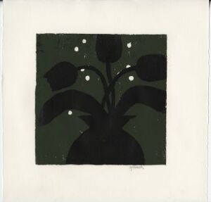  "Untitled" by Geir Yttervik, a two-color woodcut print on paper featuring a symmetrical dark silhouette of a floral arrangement on a dark green background, with white dots scattered around, all framed by the natural off-white color of the untouched paper margin.