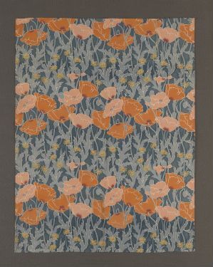  A decorative pattern featuring a continuous motif of orange poppy flowers with black centers on sinuous stems, set against a dense background of green foliage and a gray-blue backdrop, designed in the Art Nouveau style.