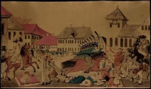  "The Market Place Battle" by an unknown lithographer, a hand-colored lithograph showing a chaotic scene with people fighting in a market square, set against pale yellow and pink buildings with a red-roofed watchtower, and a depiction of fallen individuals and a rearing horse in a cacophony of movement and vibrant clothing colors.