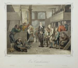  "Catechising" by Nils Christian Tønsberg is an historic color lithograph featuring a scene where a diverse group is gathered around a central figure in historical attire, possibly teaching or preaching within an indoor setting that suggests a religious or educational context.