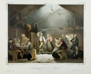  "Sunday Night in a Simple Dwelling with an Open Hearth and a Smoke Hole," a color lithograph by Nils Christian Tønsberg, illustrates a heartwarming indoor gathering with people engaged in music and fellowship. The scene balances warm earthy tones with accents of bright red from a woman's dress, while soft lighting reflects off wooden surfaces