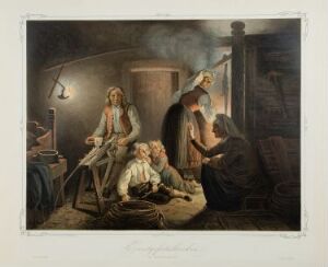  "The Teller of Folk Tales" by Nils Christian Tønsberg, a color lithograph depicting an elderly woman narrating a story to an enthralled group of children and adults in an old-fashioned, dimly lit room, showcasing a vivid interplay of light and shadow on their faces and traditional attire.