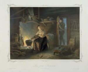  "Life on a Mountain Farm" by Nils Christian Tønsberg, a color lithograph on paper depicting the tranquil interior of a mountain farmhouse with a woman at the center and a man's silhouette in the doorway, surrounded by rustic tools and bathed in soft, natural light.