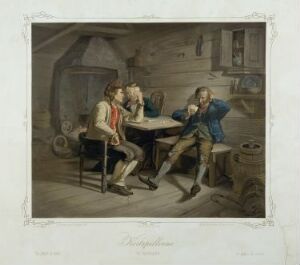  "The Card Players" by Nils Christian Tønsberg, depicting three individuals playing cards in a dimly lit, rustic room with a wooden table at the center. The players wear period clothing with colors including white, red, and blue, accentuated by the room's brown and gray hues, conveying a warm, intimate setting.