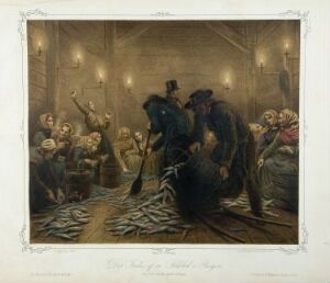  "In a Bergen Herring Bøth" by Nils Christian Tønsberg, a color lithograph depicting a lively negotiation scene over herring within a warmly lit, rustic wooden fishery interior, surrounded by onlookers in dark, muted clothes, and the floor covered in silvery fish.