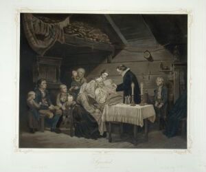  A lithograph titled "At the Death Bed" by Nils Christian Tønsberg depicting a poignant scene with a group of solemn individuals gathered around an elderly person's deathbed in a 19th-century European household setting, characterized by muted colors and a somber atmosphere.