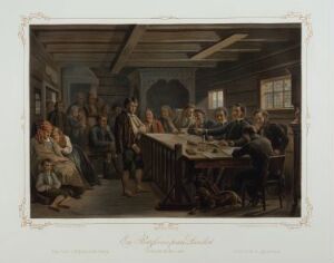  "In a Rural Courtroom" by Nils Christian Tønsberg, a color lithograph on paper. The courtroom is filled with figures in historic attire, centered around a group of men at a wooden table, possibly the judges, addressing a standing man. The room has wooden paneling and furniture, with warm and muted tones conveying an old-world atmosphere.