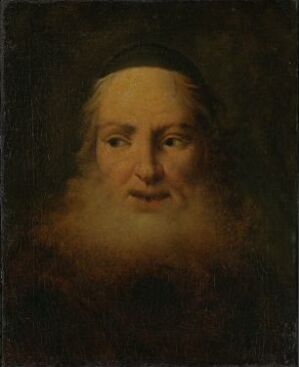  "An Old, Bearded Man" - A painting by Francesco Castiglione, depicting the tranquil face of an elderly man with a white and gray beard, set against a moody, brown background, with naturalistic detail suggesting his wisdom and age.