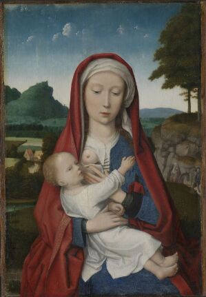  "Madonna and Child" by Gerard David, an oil painting on wood panel, depicting the Virgin Mary in a white and blue robe with a red cloak, holding the infant Jesus dressed in white against a serene landscape with green foliage and distant blue mountains.