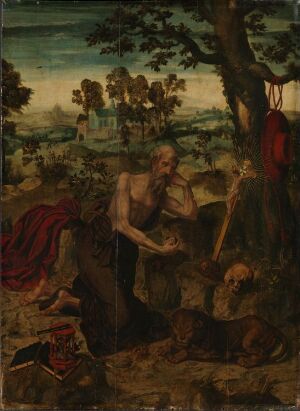  "St. Jerome," an oil painting on wood by the workshop of Pieter