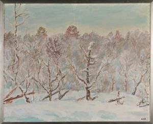  "In the Middle of Winter," an oil on canvas painting by Søren Steen-Johnsen, showcasing a serene winter landscape with a blanket of snow on the ground, bare branches covered with a dusting of snow, and a soft pastel-colored sky in muted blues and grays.