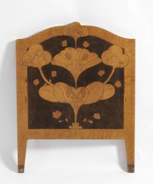  A decorative wooden panel titled "Sengegjerde" by Dagfin Werenskiold, showcasing traditional Scandinavian woodworking with intricate marquetry of botanical motifs in contrasting dark and light hardwood, with elaborate carved details, set against a white background.