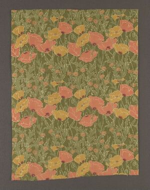  A patterned design featuring horizontal, wavy peach-colored bands filled with stylized orange and yellow poppy flowers on a dense olive green background with light green foliage elements.