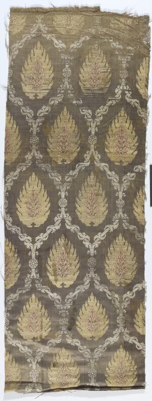  Vertical textile piece with a repeating pattern of ornate teardrop shapes in alternating columns, featuring an aged beige background, with shapes outlined in cream and filled with a faded gold gradient.