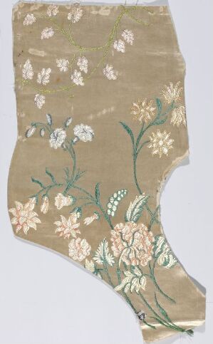  A fragment of vintage textile with a floral pattern on a muted beige background, featuring soft pink blooms, white flowers with delicate centers, pale mint buds, and varying shades of green for stems and leaves, conveying a sense of aged elegance.