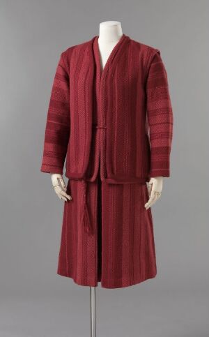  A traditional, full-length dark red robe with horizontal stripes displayed on a mannequin against a neutral background.