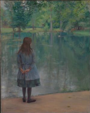  "I parken," an oil on canvas painting by Pierre Georges Jeanniot, portrays a young girl in a blue-gray striped dress standing by a pond surrounded by green trees and reflecting calm water.