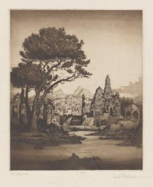  "The Fairy-land," an etching and aquatint work on paper by Arent Christensen, depicts a mystical sepia-toned landscape with a grand tree on the left, a serene pond at the center, and ancient architectural ruins beyond, all infused with