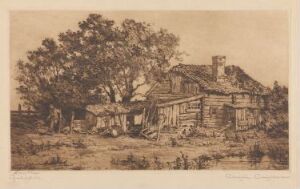  "Gullstua" – an etching by Christian Christensen depicts an aged timber cottage amidst a dense grove of trees, using a sepia-toned palette to evoke a sense of history and tranquility.