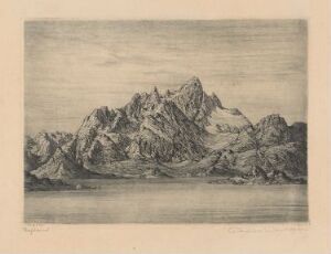  "Raftsund" by Christian Christensen, an etching on paper featuring a monochromatic landscape with reflective water in the foreground and a range of detailed, jagged mountains rising in the background under a subtly suggested overcast sky.