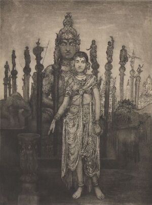  "Indisk studie" by Arent Christensen, a monochrome etching of a person in traditional Indian costume with an ethereal multi-faced deity figure behind them, surrounded by ornate pillars and distant temple architecture, rendered in sepia tones emphasizing a vintage and spiritual atmosphere.