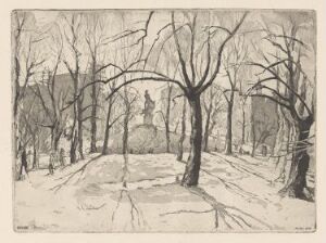  "From the Palace Park" by Nini Bø - A monochromatic etching on paper displaying a serene park landscape with intricate bare trees framing a pathway leading towards a statue, with the artistic technique creating depth and texture in the scene.