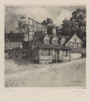  Etching and drypoint art titled "Gamle hus" by Arent Christensen, featuring old rustic European-style houses with detailed thatched roofs and wood paneling, surrounded by intricate foliage, with a half-timbered building in the backdrop, executed primarily in monochromatic shades to convey a serene and historical ambiance.