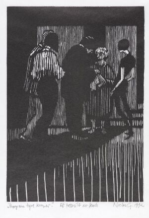  A black and white woodcut print by Niclas Gulbrandsen titled "Program tyve kroner," featuring four figures in a dark setting, engaged in what appears to be a conversation, with distinct vertical texturing on the ground suggesting grass or a rough surface.