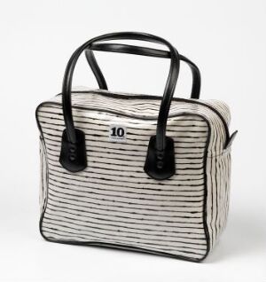  A structured fabric bag with horizontal black and white stripes, featuring black handles and a large number "10" on the front. Artist name and title are unknown.