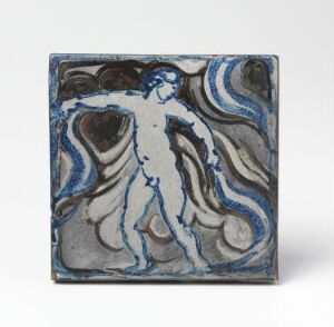  A square ceramic tile with a raised, winged creature in various shades of blue and white, set against a swirling blue and gray background.