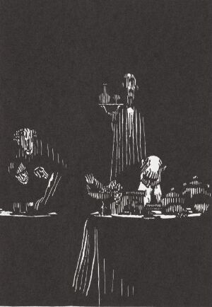 "Storspiser" by Niclas Gulbrandsen, a black and white woodcut on paper showing a stark, high-contrast scene with figures around a dining table, characterized by the absence of color and strong light-dark contrasts that highlight form and texture.