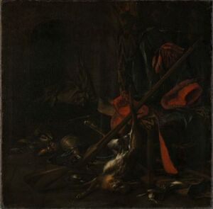  "Game," an oil on canvas painting by Cornelis Lelienbergh, showcases a darkly lit still life of dead game animals and hunting equipment, mostly rendered in deep browns and blacks, with minimal light revealing the reflective textures of fur and feathers, and the shapes of long hunting implements.