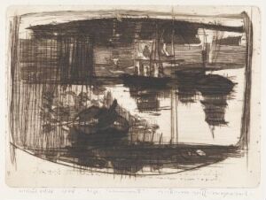  "Sommernatt" by Guttorm Guttormsgaard, a drypoint on paper showing an abstract monochromatic scene in shades of sepia with a reflective upper section suggestive of water under moonlight and a darker, more solid lower section.