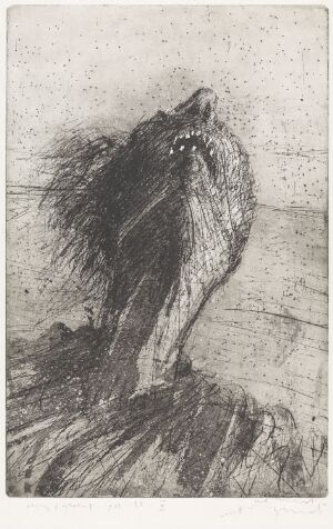  "Stillheten - etterpå. V." by Guttorm Guttormsgaard, a grayscale etching of a wolf or dog-like creature with its head thrown back in a howl or snarl, executed with chaotic lines that convey raw emotion against a sparse background.