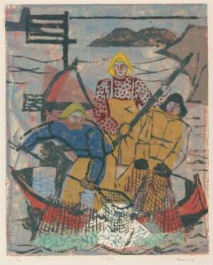  "Fiskere" by Henrik Finne, a color woodcut print on paper, showing three fishermen in a small boat, each dressed in brightly colored oilskins, working on the sea with stylized waves and a distant coastline under a muted sky.