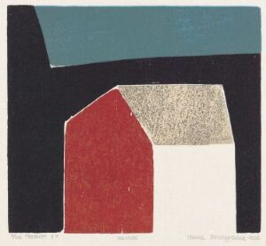  "Solvegg" by Hanne Borchgrevink, a fine art color woodcut on paper depicting minimalistic and abstract house shapes in red, white, and black, layered against a teal blue background, suggesting architectural forms and shadows.