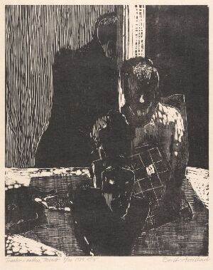  "Threats in the Night" by Berit Arnestad, a woodcut on paper artwork showing a shadowy, seated figure at a desk or table, looking to the right, with striated patterns suggestive of rain or window bars in the background, all in black and grey monochromatic tones.