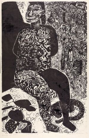  Black and white woodcut print "Woman with Weapon" by Ståle Blæsterdalen on paper, depicting an abstract, stylized female figure seated with crossed legs, adorned with intricate patterns, and possibly holding a weapon, characterized by a high contrast between light and dark areas.
