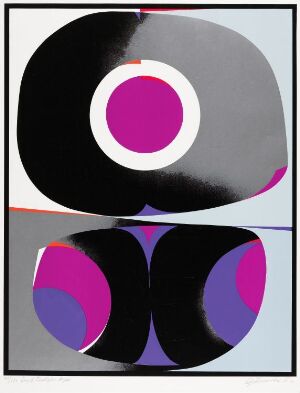  "Det tredje øye" by Gunnar S. Gundersen is a modern, geometric piece of art consisting of a large circle divided into symmetrical black and gray halves with concentric white, black, and pink circles at the center. Below are mirrored fragments of another circle in black with sharp-edged purple sections. The clean, bold shapes are set against a white background, encapsulating the artwork's exploration of geometry and symmetry.