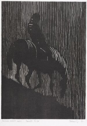  "Approaching the Bottom" - A woodcut print by Niclas Gulbrandsen on paper depicting a silhouette of a muscular figure surrounded by dynamic vertical lines suggesting rapid downward movement, executed in a high-contrast black-and-white color scheme.