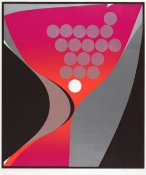  "Champagnedag" by Gunnar S. Gundersen, an abstract artwork depicting a stylized pink champagne flute with grey, black, and off-white bubble motifs on paper.