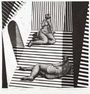  "Room 1" by Rita Marhaug depicts a black and white linocut print featuring two figures with defined musculature sitting on an abstract, striped pattern that suggests a stairway. One figure gazes toward the other, who is curled up and introspective, both enveloped by a stark geometric contrast.