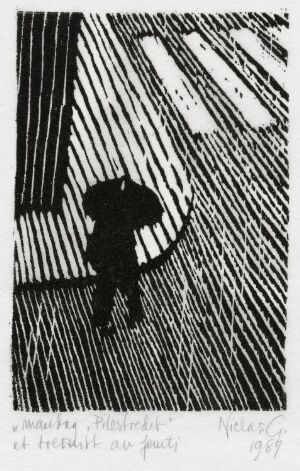  "mandag, Pilestredet" by Niclas Gulbrandsen, a black and white woodcut print on paper depicting a silhouette of a figure with an umbrella amidst stylized rain and angular patterns suggesting an urban environment.