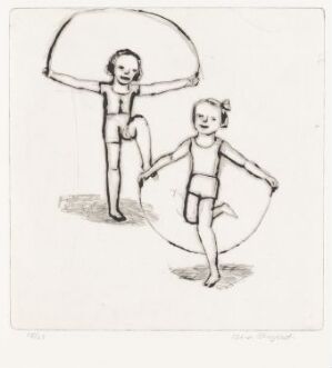  "Jenter med hoppetau," an etching by Lena Cronqvist on paper, showing two girls playing with a skipping rope, sketched in delicate lines on a stark white background, capturing the lightness and joy of childhood play.