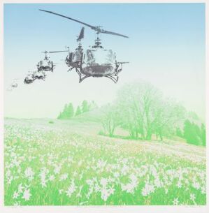  "A Page from Imperialism’s Diary II" by Per Kleiva is a color silkscreen on paper that depicts a clear blue sky over a field of pale yellow daffodils, with darkly outlined military helicopters flying above, symbolizing a contrast between peaceful nature and human conflict.