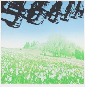  "A Page from Imperialism’s Diary I" by Per Kleiva, depicting a peaceful field of white daisies with a backdrop of green trees under a gradient blue sky, overlaid by dark, distorted textural shapes at the top.