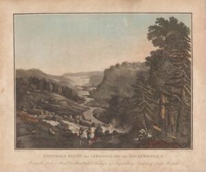  "Tistedalselven sett fra Veden gård" by Heinrich August Grosch is an aquatint print on paper depicting a tranquil river flowing through a lush forest with figures observing from a rocky outcrop in the foreground, featuring a soft palette of browns, greens, and grays.