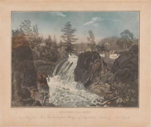  "Helvete på Eker" by Heinrich August Grosch, featuring a robust waterfall pouring over dark rocks in the foreground, surrounded by greenery, with a background depicting a calm river, red-roofed buildings among trees, and a softly colored dawn or dusk sky.