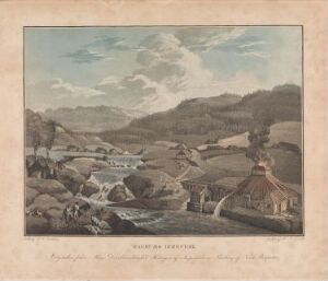  A color aquatint fine art print titled "Bærums Verk" by Heinrich August Grosch, depicting a pastoral 18th or 19th-century village scene with a stream, a bridge, rustic buildings, rolling hills, and a tranquil blue-gray sky.